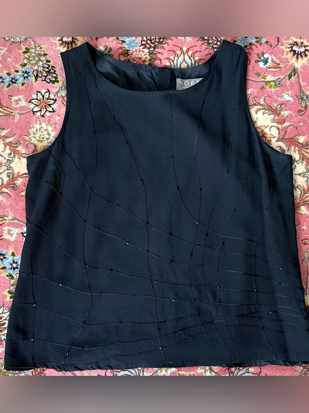 Norton Black Sleeveless Beaded Shell, light , lined Top, PM,